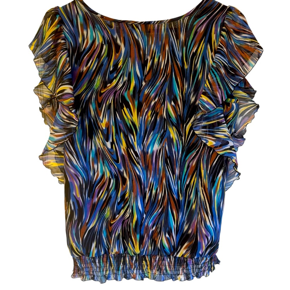 Cato Multicolor Ruffle Sleeve Blouse - Blue, Black, Yellow, Purple - Picture 3 of 8